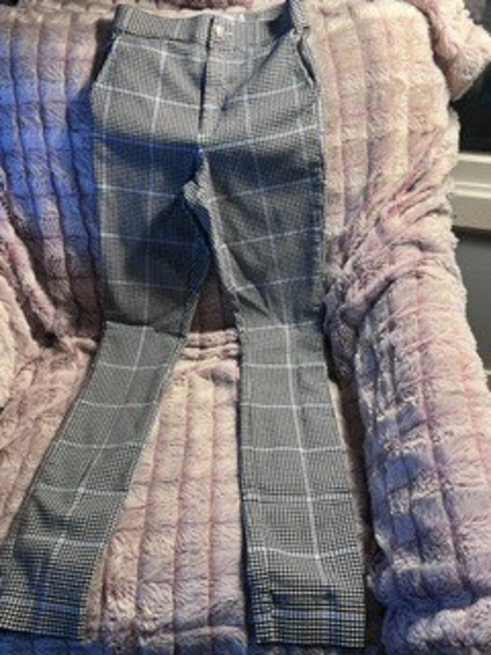 Gray Plaid Slim Fit Pants with Studded Hem Women's Casual Pants